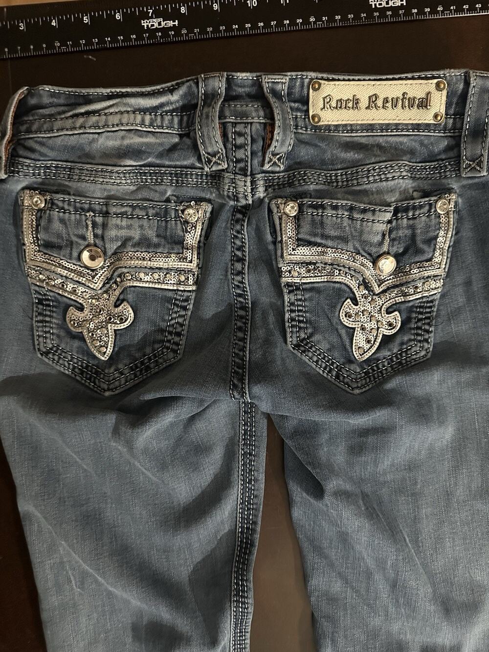 Rock Revival Vintage Y2K Women's Bootcut Jeans Blue Wash Denim Studded Sz 28